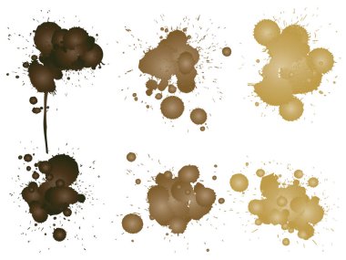 Vektör topluluğu sanatsal aşınmış boya damla, el yapımı yaratıcı sıçrama veya sıçramak kontur izole beyaz arka plan ayarlayın. Soyut grunge kirli kahve lekesi grup veya grafik sanat vintage dekorasyon