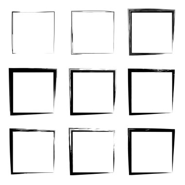 Koleksiyon veya sanatsal siyah boya el kümesi yaratıcı grungy fırça konturu kare kare veya beyaz arka plan üzerinde izole sınırları yaptı. Bir grunge eğitim kroki soyut yaratıcı mürekkep tasarım