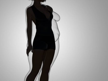 Kavramsal şişman kilolu obez kadın vs fit sağlıklı vücut kilo kaybını takiben ince ya da kas ince genç kadınla gri diyet. Fitness, beslenme veya şişmanlık obezite sağlık şekil 3d çizim