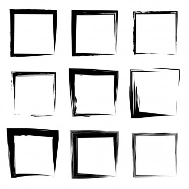 Koleksiyon veya sanatsal siyah boya el kümesi yaratıcı grungy fırça konturu kare kare veya beyaz arka plan üzerinde izole sınırları yaptı. Bir grunge eğitim kroki soyut yaratıcı mürekkep tasarım