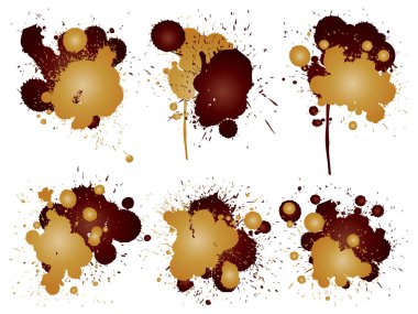 Topluluğu sanatsal aşınmış boya damla, el yapımı yaratıcı sıçrama veya sıçramak kontur izole beyaz arka plan ayarlayın. Soyut grunge kirli kahve lekesi grup veya grafik sanat vintage dekorasyon