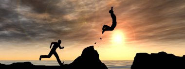 Kavram ya da kavramsal 3d resimde genç adam ya da işadamı siluet atlamak mutlu uçurumun üzerinden su gap gündoğumu veya günbatımı gökyüzü arka plan afiş