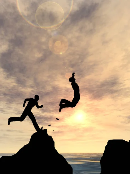 Concept Conceptual Illustration Young Man Businessman Silhouette Jump Happy Cliff — Stock Photo, Image