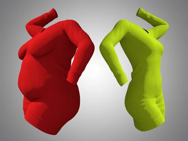 개념적 지방과 체중 비만 여성 스웨터 드레스 vs 슬림 체중 감소 후 건강 한 신체에 맞게 또는 회색에 얇은 젊은 여자 다이어트. 피트 니스, 영양 또는 비만 비만 건강 모양 3 차원 일러스트 레이 션 — 스톡 사진
