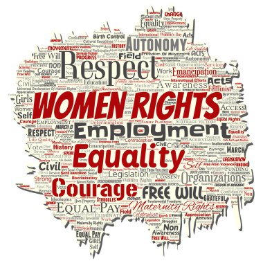 Vektör kavramsal kadın hakları, eşitlik, serbest eski yırtık kağıt kelime izole bulut arka plan. Feminizm, güçlendirme, dürüstlük, fırsatları, farkındalık, cesaret, eğitim kavramı kolaj