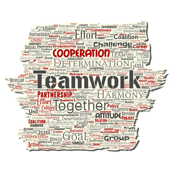 Vector conceptual teamwork management old torn paper red partnership idea, success goal word cloud isolated background. Collage of business strategy, group cooperation solution or team concept — Stock Vector