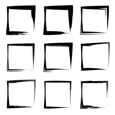 Koleksiyon veya sanatsal siyah boya el kümesi yaratıcı grungy fırça konturu kare kare veya beyaz arka plan üzerinde izole sınırları yaptı. Bir grunge eğitim kroki soyut yaratıcı mürekkep tasarım