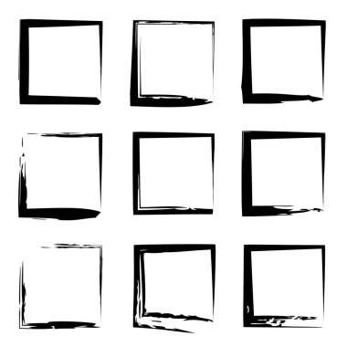 Koleksiyon veya sanatsal siyah boya el kümesi yaratıcı grungy fırça konturu kare kare veya beyaz arka plan üzerinde izole sınırları yaptı. Bir grunge eğitim kroki soyut yaratıcı mürekkep tasarım