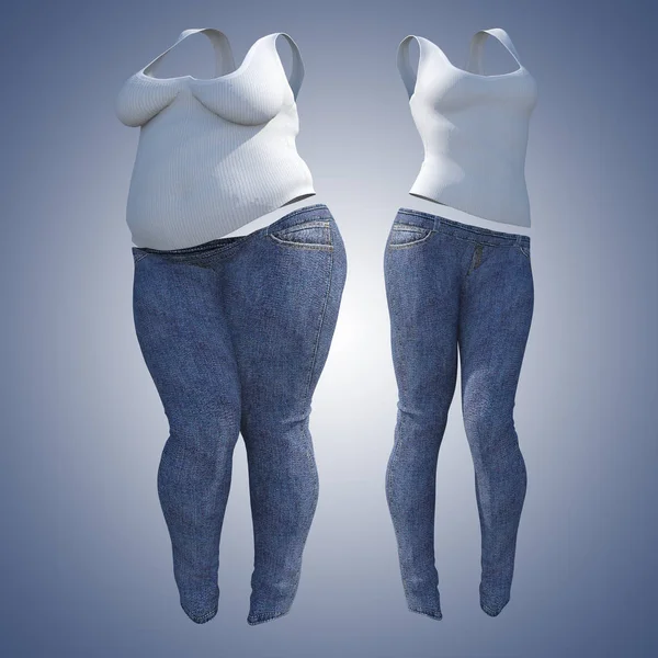 Konzeptionelle Fett übergewichtig fettleibige weibliche Jeans Unterhemd vs schlank fit gesunden Körper nach Gewichtsverlust oder Diät dünne junge Frau auf blau. Fitness, Ernährung oder Fettleibigkeit Gesundheit Form 3d Illustration — Stockfoto