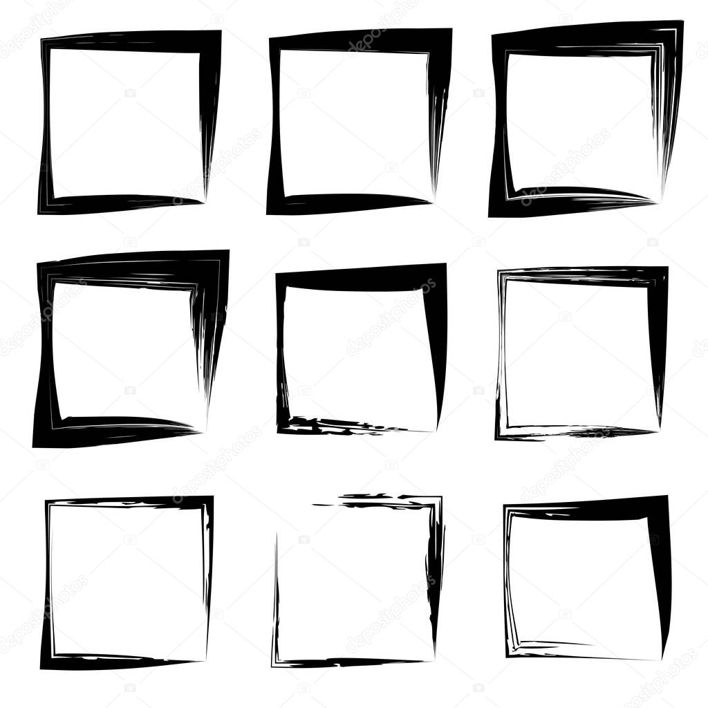 Collection or set of artistic black paint hand made creative grungy brush stroke square frames or borders isolated on white background. A grunge education sketch abstract creative ink design