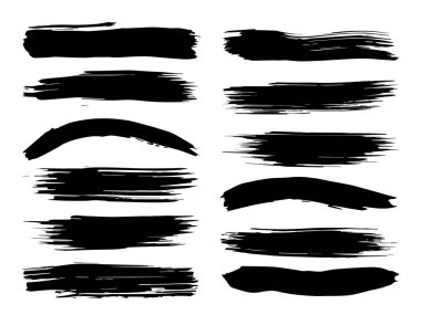 Beyaz arka planda sanatsal grungy siyah el vektör koleksiyonu, yaratıcı fırça darbesi setini izole etti. Tasarım eğitimi veya grafik sanat dekorasyonu için bir grup soyut grunge çizimi