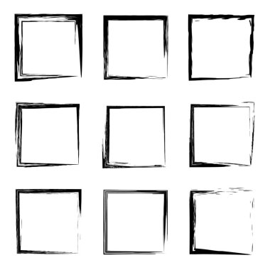 Koleksiyon veya sanatsal siyah boya el kümesi yaratıcı grungy fırça konturu kare kare veya beyaz arka plan üzerinde izole sınırları yaptı. Bir grunge eğitim kroki soyut yaratıcı mürekkep tasarım