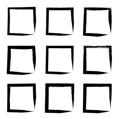 Koleksiyon veya sanatsal siyah boya el kümesi yaratıcı grungy fırça konturu kare kare veya beyaz arka plan üzerinde izole sınırları yaptı. Bir grunge eğitim kroki soyut yaratıcı mürekkep tasarım