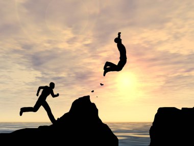 Kavram ya da kavramsal 3d resimde genç adam ya da işadamı siluet atlamak mutlu uçurumun üzerinden su gap gündoğumu veya günbatımı gökyüzü arka plan