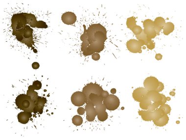 Topluluğu sanatsal aşınmış boya damla, el yapımı yaratıcı sıçrama veya sıçramak kontur izole beyaz arka plan ayarlayın. Soyut grunge kirli kahve lekesi grup veya grafik sanat vintage dekorasyon