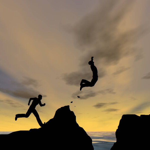 Concept or conceptual 3D illustration young man or businessman silhouette jump happy from cliff over water gap sunset or sunrise sky background