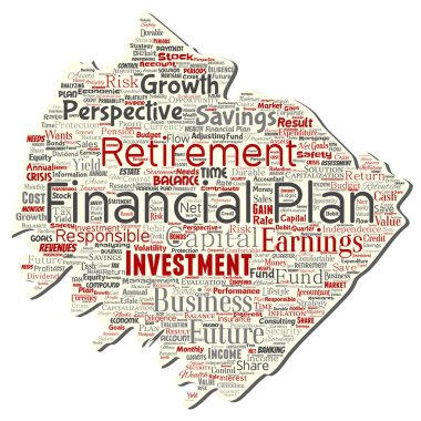 Vektör kavramsal iş veya kişisel finansal plan eski yırtık kağıt kırmızı finans strateji kelime izole bulut arka plan. Gelir para yatırım veya gelecekteki emeklilik güvenlik kavramı kolaj