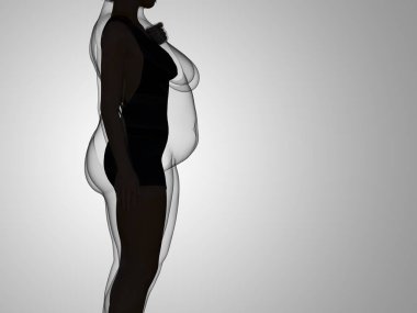 Kavramsal şişman kilolu obez kadın vs fit sağlıklı vücut kilo kaybını takiben ince ya da kas ince genç kadınla gri diyet. Fitness, beslenme veya şişmanlık obezite sağlık şekil 3d çizim
