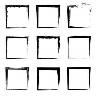 Koleksiyon veya sanatsal siyah boya el kümesi yaratıcı grungy fırça konturu kare kare veya beyaz arka plan üzerinde izole sınırları yaptı. Bir grunge eğitim kroki soyut yaratıcı mürekkep tasarım