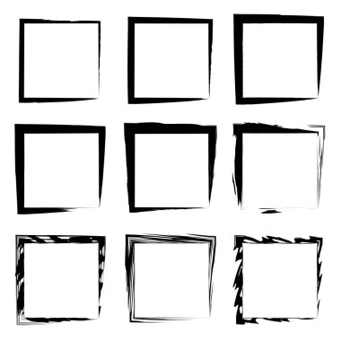 Koleksiyon veya sanatsal siyah boya el kümesi yaratıcı grungy fırça konturu kare kare veya beyaz arka plan üzerinde izole sınırları yaptı. Bir grunge eğitim kroki soyut yaratıcı mürekkep tasarım