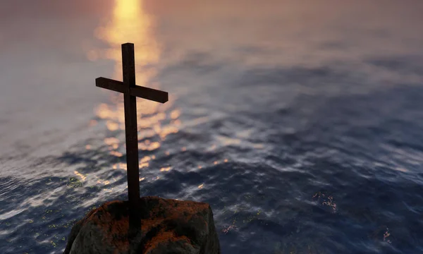 Koncept nebo konceptuální náboženský kříž stojící na skále v moři nebo v oceánu nad západem slunce v modrém moři. Pozadí víry, víry náboženství, Ježíše Krista, duchovního kostela 3D ilustrace — Stock fotografie