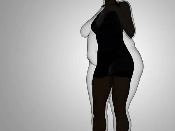 Conceptuel graisse en surpoids obèse femelle vs mince forme le corps sain après la perte de poids ou l'alimentation avec les muscles mince jeune femme sur gris. Une forme physique, nutritionnelle ou grasse obésité, forme santé Illustration 3D — Photo