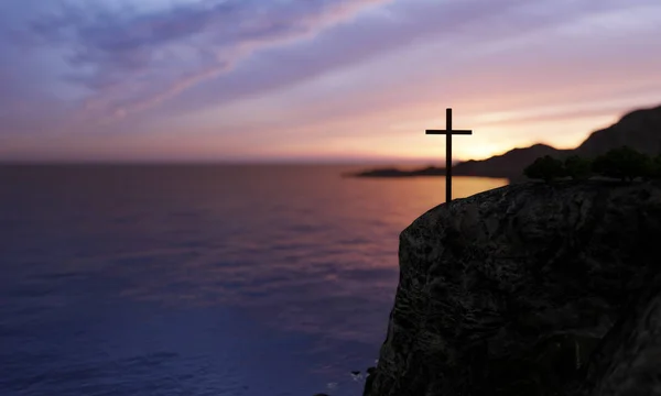 Concept or conceptual religious christian cross standing on rock in the sea or ocean over beautiful sunset sky. A background for faith, religion belief, Jesus Christ, spiritual church 3D illustration — Stock Photo, Image