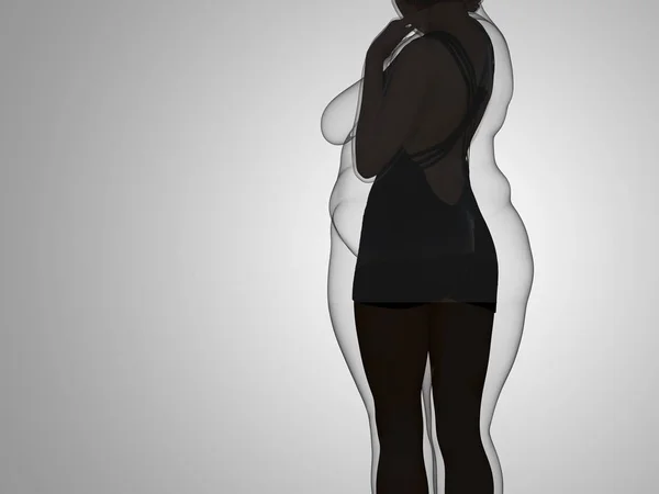 Conceptual grasa sobrepeso mujer obesa vs cuerpo sano en forma delgada después de la pérdida de peso o dieta con músculos delgada mujer joven en gris. Aptitud, nutrición u obesidad gorda, forma de salud Ilustración 3D — Foto de Stock