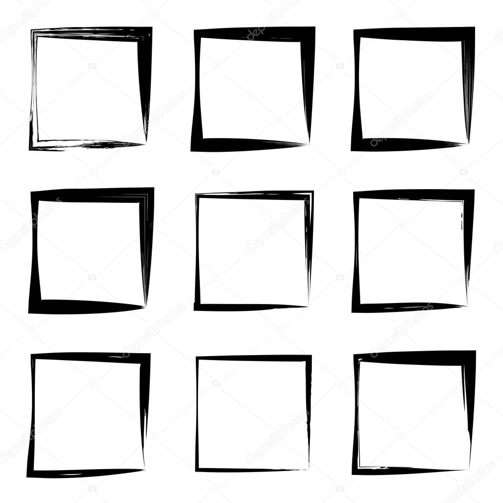 Collection or set of artistic black paint hand made creative grungy brush stroke square frames or borders isolated on white background. A grunge education sketch abstract creative ink design