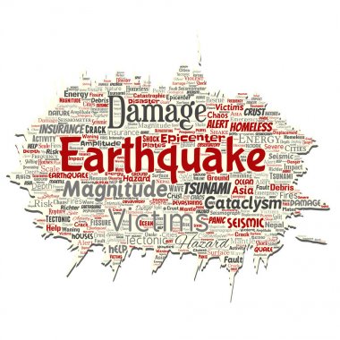 Vektör kavramsal deprem etkinliği eski yırtık kağıt kelime izole arka plan bulut. Doğal sismik tektonik kabuk titremeye, şiddet tsunami dalgaları risk, tektonik kavramı değişen kolaj