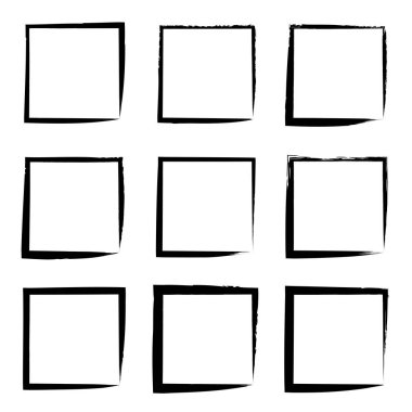 Koleksiyon veya sanatsal siyah boya el kümesi yaratıcı grungy fırça konturu kare kare veya beyaz arka plan üzerinde izole sınırları yaptı. Bir grunge eğitim kroki soyut yaratıcı mürekkep tasarım