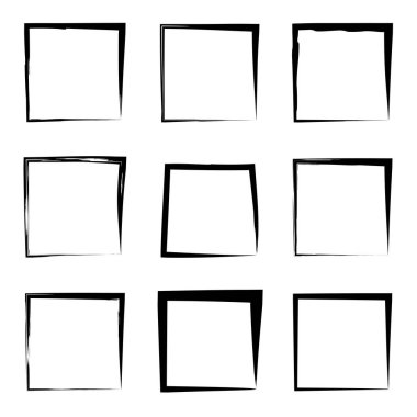 Koleksiyon veya sanatsal siyah boya el kümesi yaratıcı grungy fırça konturu kare kare veya beyaz arka plan üzerinde izole sınırları yaptı. Bir grunge eğitim kroki soyut yaratıcı mürekkep tasarım