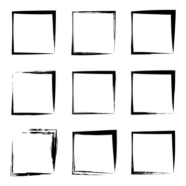 Koleksiyon veya sanatsal siyah boya el kümesi yaratıcı grungy fırça konturu kare kare veya beyaz arka plan üzerinde izole sınırları yaptı. Bir grunge eğitim kroki soyut yaratıcı mürekkep tasarım