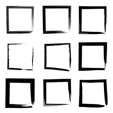 Koleksiyon veya sanatsal siyah boya el kümesi yaratıcı grungy fırça konturu kare kare veya beyaz arka plan üzerinde izole sınırları yaptı. Bir grunge eğitim kroki soyut yaratıcı mürekkep tasarım