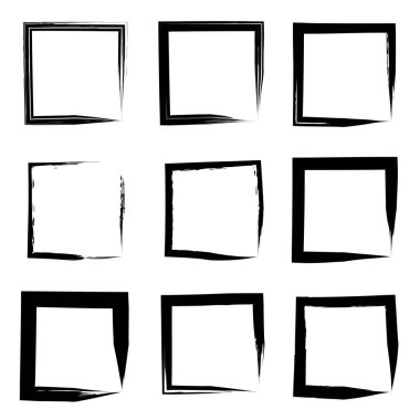 Koleksiyon veya sanatsal siyah boya el kümesi yaratıcı grungy fırça konturu kare kare veya beyaz arka plan üzerinde izole sınırları yaptı. Bir grunge eğitim kroki soyut yaratıcı mürekkep tasarım