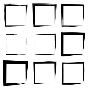 Koleksiyon veya sanatsal siyah boya el kümesi yaratıcı grungy fırça konturu kare kare veya beyaz arka plan üzerinde izole sınırları yaptı. Bir grunge eğitim kroki soyut yaratıcı mürekkep tasarım