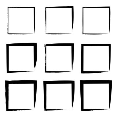 Koleksiyon veya sanatsal siyah boya el kümesi yaratıcı grungy fırça konturu kare kare veya beyaz arka plan üzerinde izole sınırları yaptı. Bir grunge eğitim kroki soyut yaratıcı mürekkep tasarım