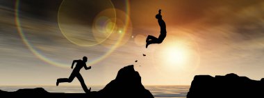 Kavram ya da kavramsal 3d resimde genç adam ya da işadamı siluet atlamak mutlu uçurumun üzerinden su gap gündoğumu veya günbatımı gökyüzü arka plan afiş
