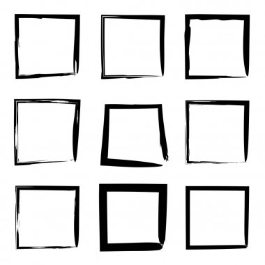 Koleksiyon veya sanatsal siyah boya el kümesi yaratıcı grungy fırça konturu kare kare veya beyaz arka plan üzerinde izole sınırları yaptı. Bir grunge eğitim kroki soyut yaratıcı mürekkep tasarım