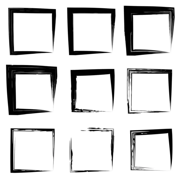 Колекція або набір художніх чорних фарб ручної роботи зробили творчий гранжевий штрих квадратних рамок або кордонів ізольованих на білому тлі. Гранд-освіта ескіз абстрактного творчого дизайну чорнила — стокове фото