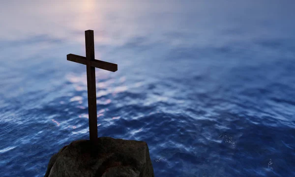 概念または概念的な宗教的なキリスト教のクロスは、青い水の夕日の上に海や海の岩の上に立っています。信仰、宗教信仰、イエス・キリスト、霊的な教会3Dイラストの背景 — ストック写真