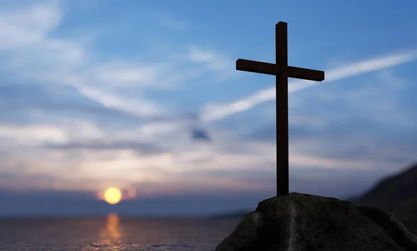 Koncept nebo konceptuální náboženský kříž stojící na skále v moři nebo oceánu nad nádhernou oblohou slunce. Pozadí víry, víry náboženství, Ježíše Krista, duchovního kostela 3D ilustrace — Stock fotografie