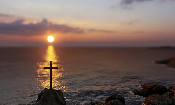 Conceito ou conceitual cruz cristã religiosa em pé sobre a rocha no mar ou oceano sobre belo céu pôr do sol. Um pano de fundo para a fé, crença religiosa, Jesus Cristo, igreja espiritual ilustração 3D — Fotografia de Stock