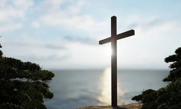 Conceito ou conceitual cruz cristã religiosa em pé sobre a rocha no mar ou oceano sobre belo céu pôr do sol. Um pano de fundo para a fé, crença religiosa, Jesus Cristo, igreja espiritual ilustração 3D — Fotografia de Stock