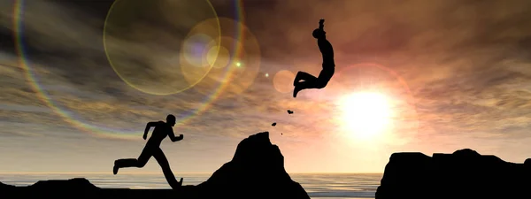 Концепция или концептуальная трехмерная иллюстрация молодой человек или бизнесмен силуэт прыгать счастливым от скалы через водоразрыв заката или восхода солнца фон баннер — стоковое фото
