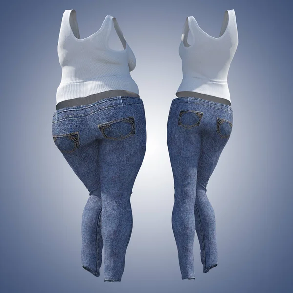 Conceptual fat overweight obese female jeans undershirt vs slim fit healthy body after weight loss or diet thin young woman on blue. Fitness, nutrition or fatness obesity health shape 3D illustration