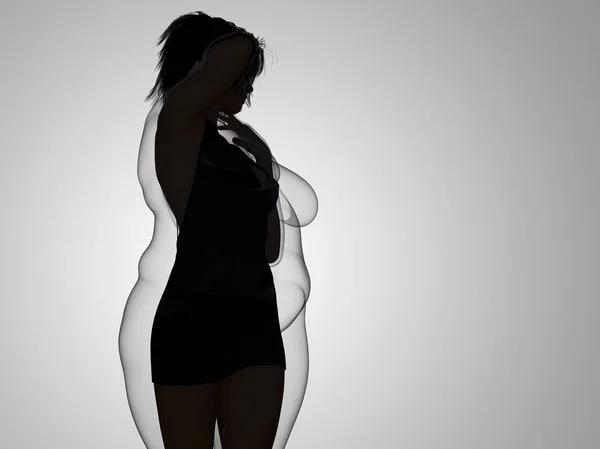 Conceptual grasa sobrepeso mujer obesa vs cuerpo sano en forma delgada después de la pérdida de peso o dieta con músculos delgada mujer joven en gris. Aptitud, nutrición u obesidad gorda, forma de salud Ilustración 3D — Foto de Stock