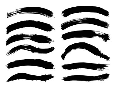 Beyaz arka planda sanatsal grungy siyah el vektör koleksiyonu, yaratıcı fırça darbesi setini izole etti. Tasarım eğitimi veya grafik sanat dekorasyonu için bir grup soyut grunge çizimi
