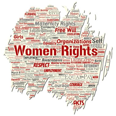 Vektör kavramsal kadın hakları, eşitlik, serbest eski yırtık kağıt kelime izole bulut arka plan. Feminizm, güçlendirme, dürüstlük, fırsatları, farkındalık, cesaret, eğitim kavramı kolaj