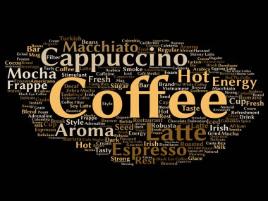 İtalyan kahve molası, cappuccino veya espresso restoran veya kafeterya soyut içecek kelime izole üzerinde arka plan bulut vektör kavramsal yaratıcı sıcak sabah. Bir enerji ya da tat içecek konsepti metin